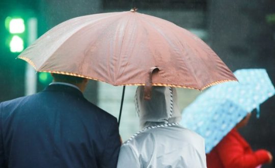 Imagem mostra casal na chuva e frio