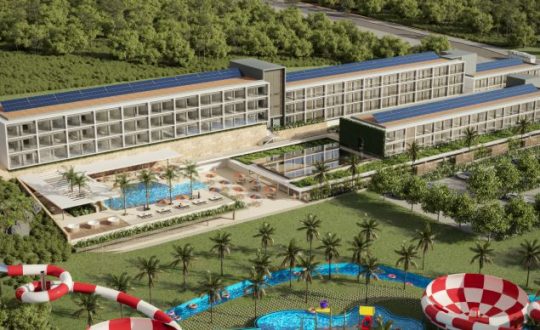 Imagem mostra projeto do resort de luxo com piscinas e toboáguas
