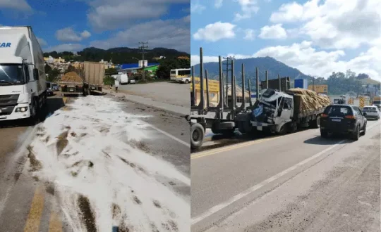 BR 470 fica com oleo na pista apos colisao entre caminhoes Foto Corpo de Bombeiros Militar de Santa Catarina CBMSC Reproducao Visor Notícias