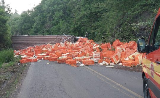 Caminhao carregado com frangos tomba e interdita rodovia no Oeste de SC 944x531 1 Visor Notícias