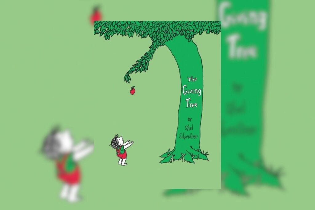Ilustração de uma criança esperando uma maçã cair da árvore na capa do livro "The Giving Tree"