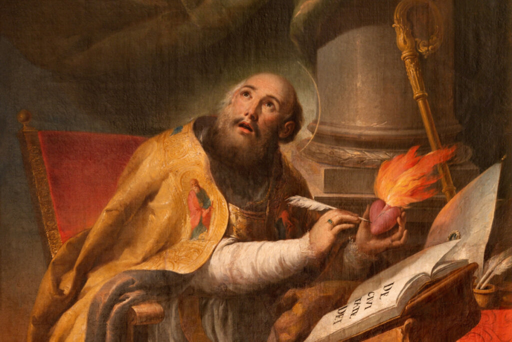 Pintura de Santo Agostinho segurando uma pena junto a coração com chamas