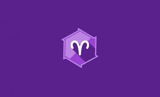 Ilustração do signo de Áries, em fundo roxo, com símbolo formado por linhas curvas que lembram chifres voltados para fora