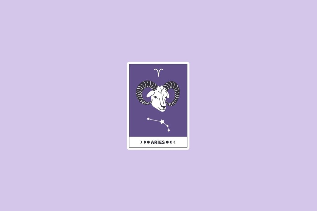 Ilustração do signo de Áries representado por um carneiro dentro de uma carta de fundo roxo