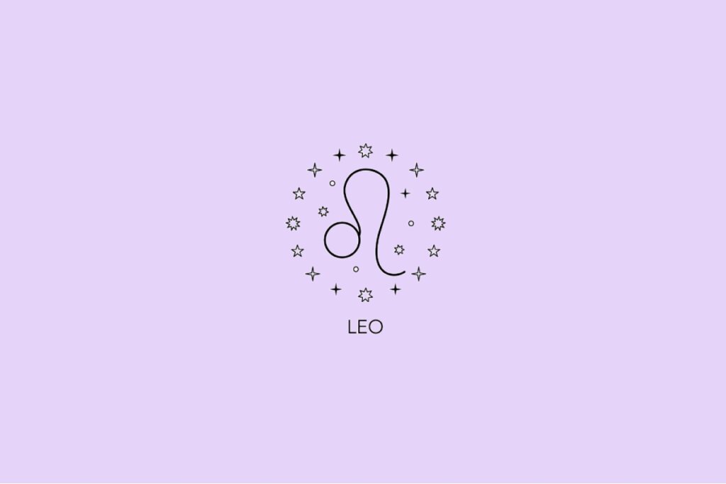 Imagem com fundo lilás apresentando o símbolo astrológico do signo de Leão rodeado por pequenas estrelas