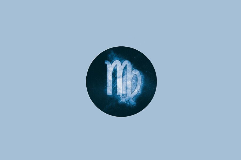 Ilustração do signo de Virgem, em fundo azulado, com linhas curvas entrelaçadas formando um símbolo semelhante à letra "M"
