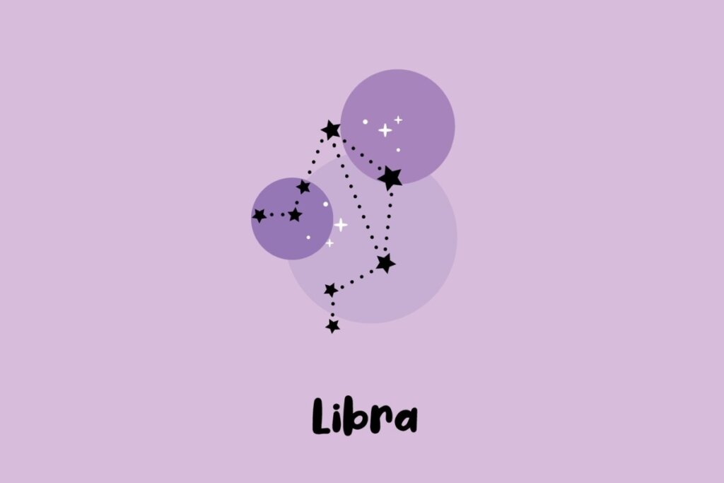 Ilustração da constelação do signo de Libra com estrelas pretas e círculos em tons de roxo.