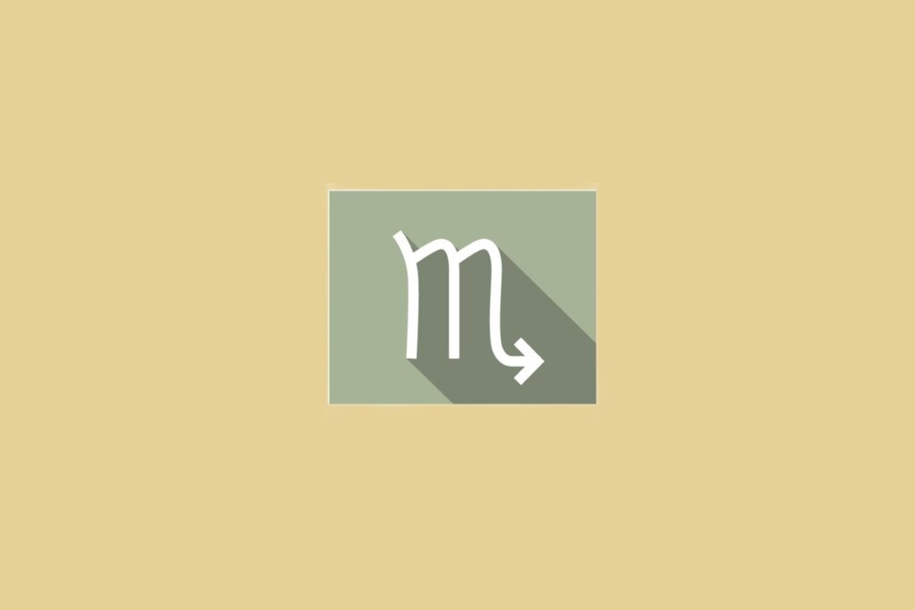 Ilustração do signo de Escorpião, em fundo amarelo-mostarda, com símbolo em forma de “M” com cauda em seta voltada para a direita