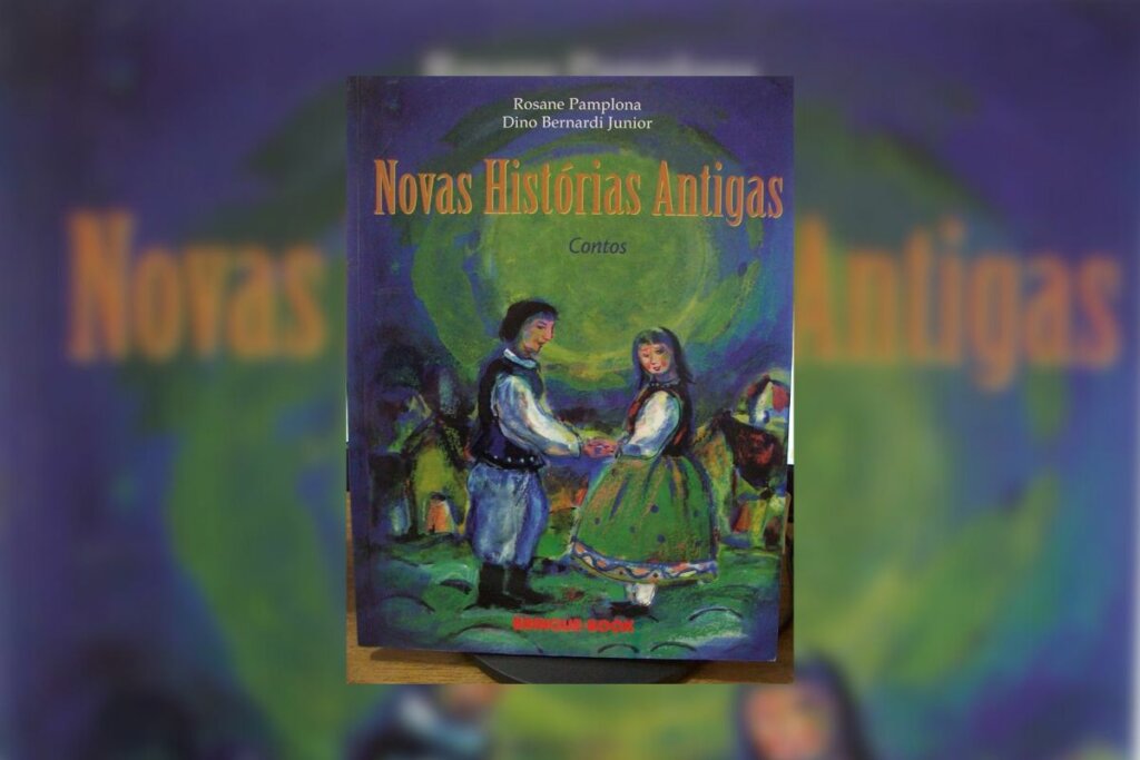 Capa do livro "Novas histórias antigas" com a ilustração de um homem e uma mulher de mãos dadas