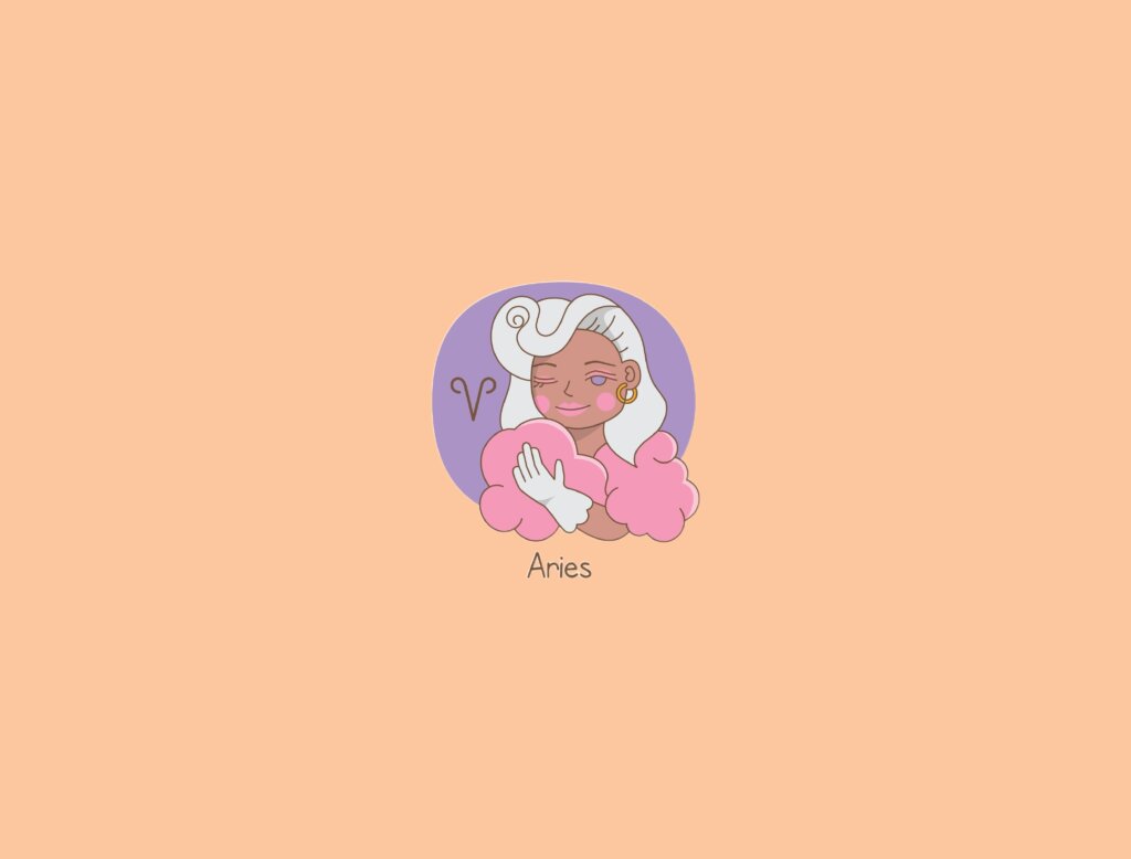 Ilustração de uma mulher ao lado do símbolo do signo de áries