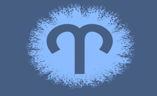 Ilustração do símbolo do signo de Áries em círculo azul-claro sobre fundo azul-escuro