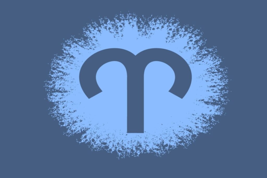 Ilustração do símbolo do signo de Áries em círculo azul-claro sobre fundo azul-escuro