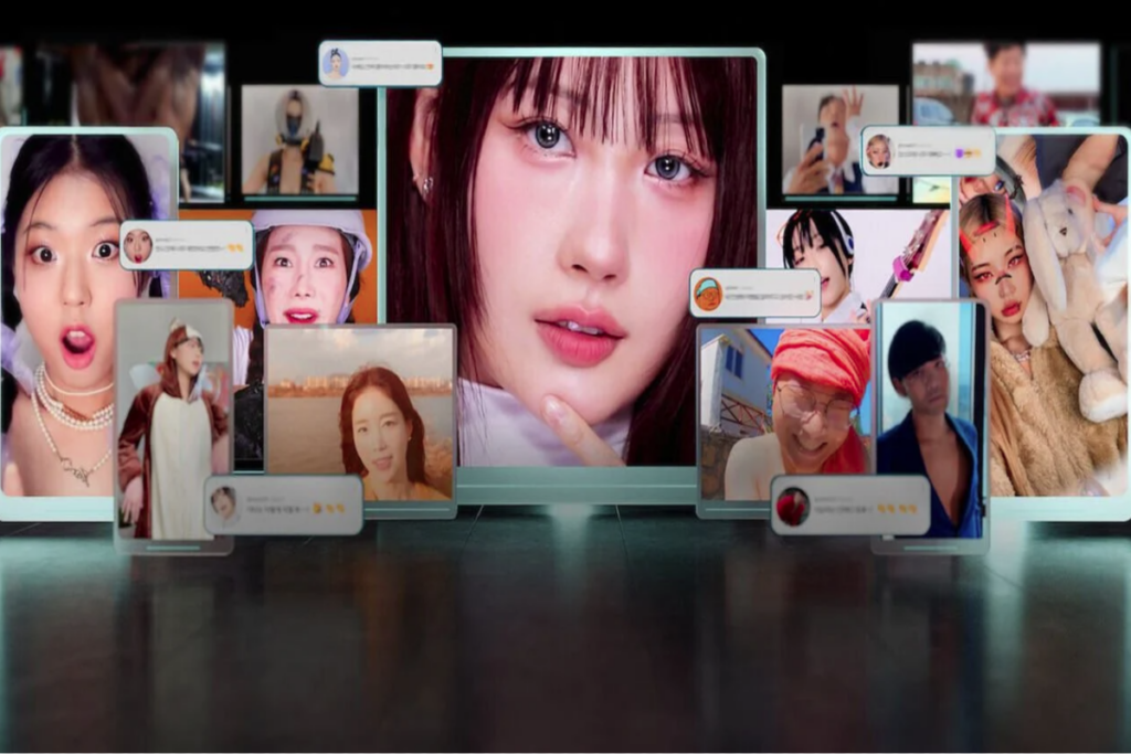 Várias telas e retratos de influenciadores coreanos exibindo expressões variadas e conteúdo de redes sociais