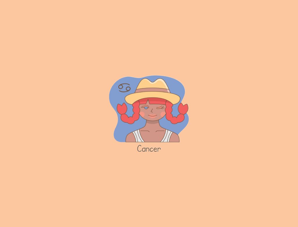 Ilustração de uma mulher ao lado do símbolo do signo de câncer