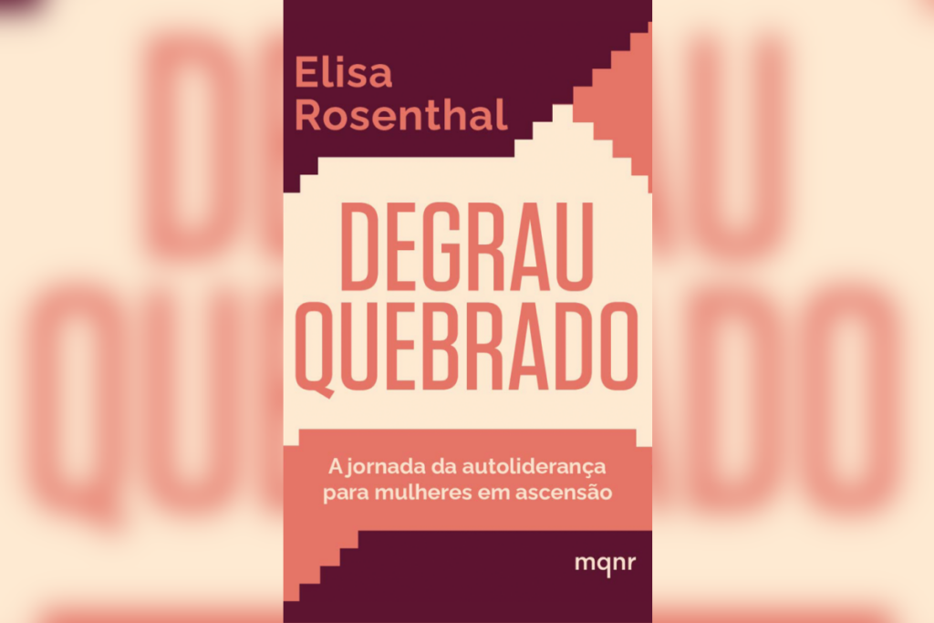 Capa do livro “Degrau Quebrado” com fundo bege e vermelho e escada estilizada no canto superior direito
