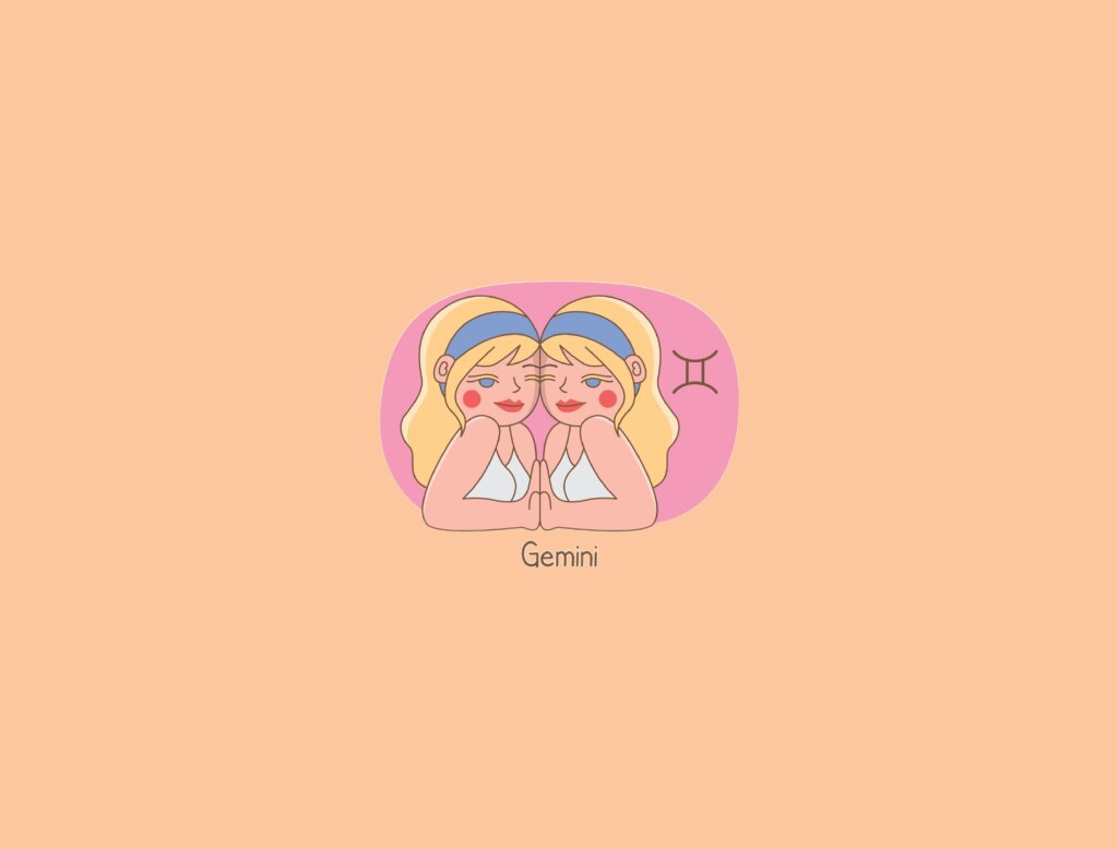 Ilustração de uma mulher ao lado do símbolo do signo de gêmeos