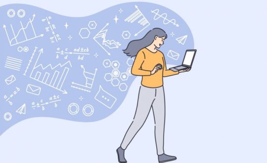 Ilustração de uma menina com cabelo azul, usando uma camiseta laranja e uma calça cinza aprendendo matematica no notebook