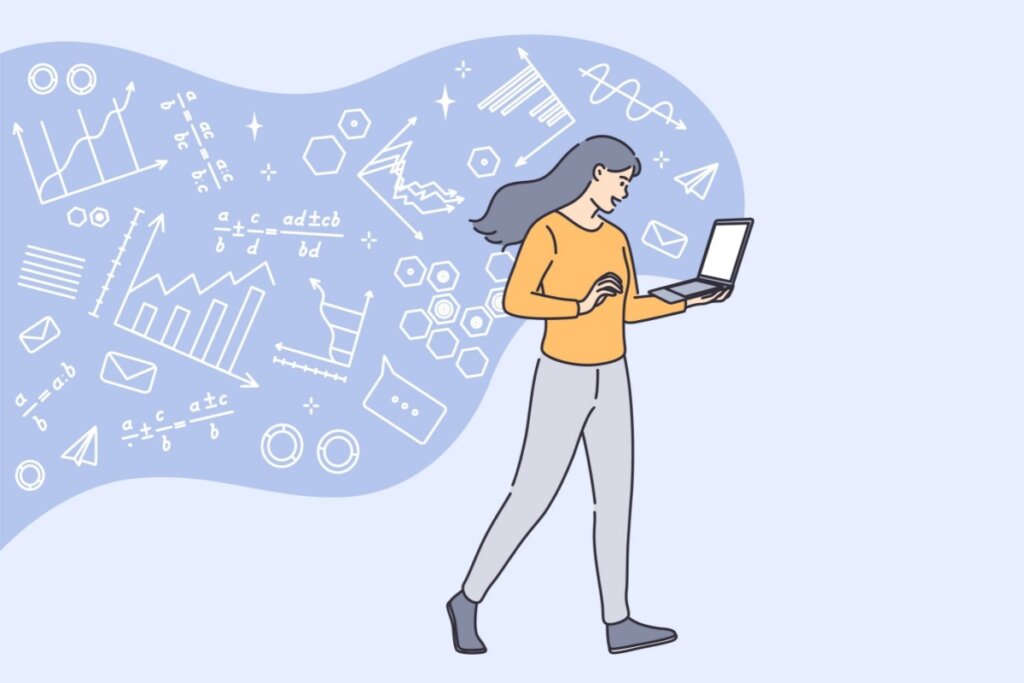 Ilustração de uma menina com cabelo azul, usando uma camiseta laranja e uma calça cinza aprendendo matematica no notebook