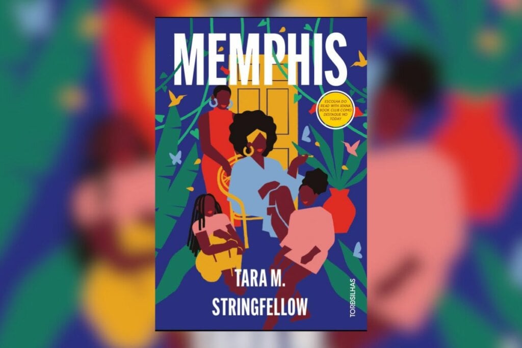 Capa de livro com título e nome do autor, com a ilustração de duas mulheres negras e duas crianças negras em fundo azul com flores
