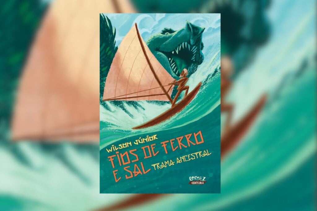Capa de livro com nome e título do autor com ilustração de um homem negro navegando em barco e um tubarão atrás