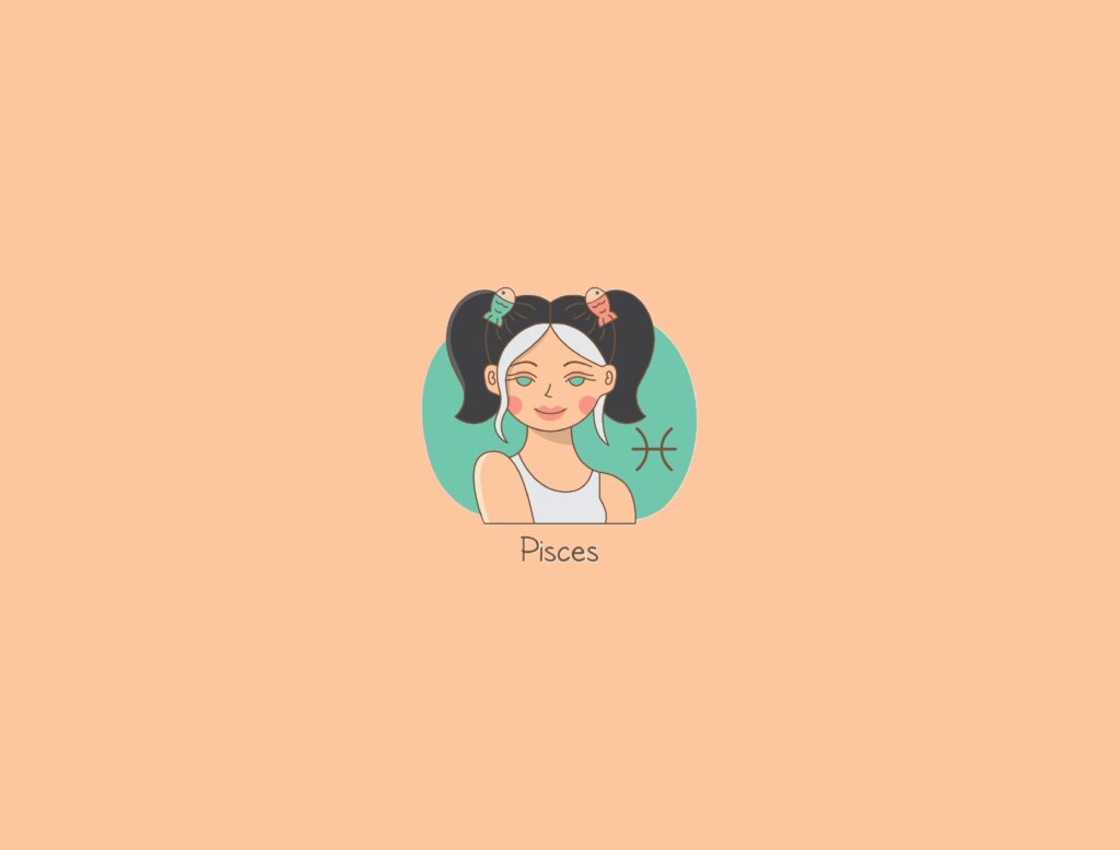 Ilustração de uma mulher ao lado do símbolo do signo de peixes
