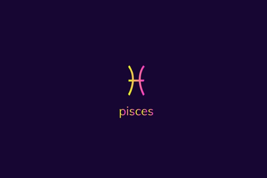 Ilustração do signo de peixes na cor rosa e amarelo em um fundo azul-escuro