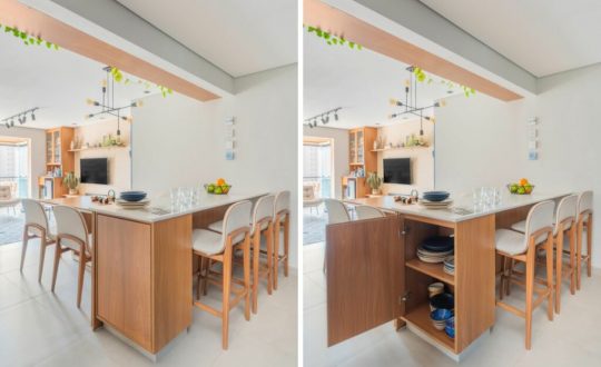 duas imagens de mesa com cadeiras beges e armário de madeira em uma das pontas