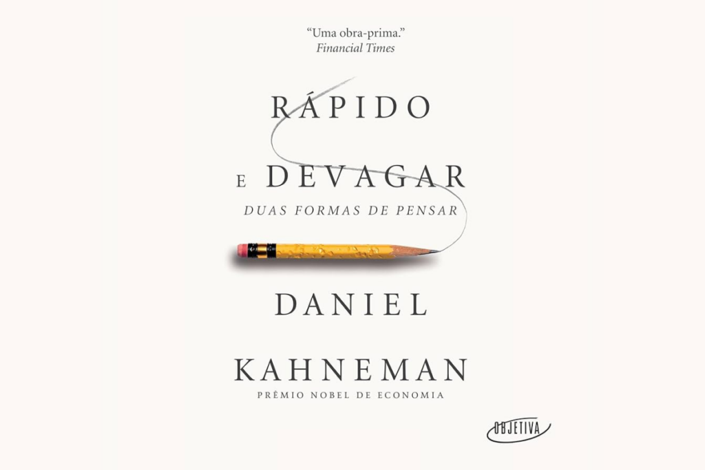 Capa branca do livro “Rápido e Devagar” com um lápis amarelo desenhando um traço curvo e letras em preto