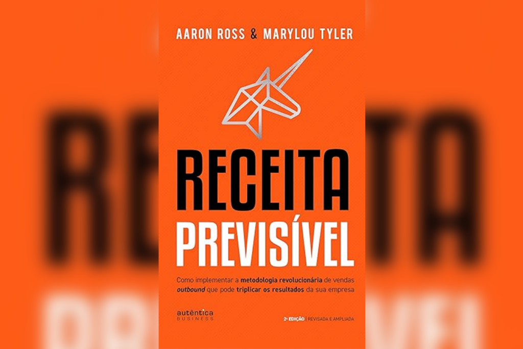 Capa laranja do livro “Receita Previsível”, com ilustração de unicórnio geométrico e texto branco e preto