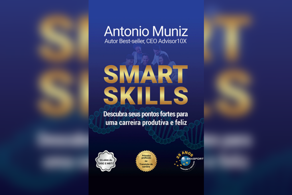 Capa azul escura do livro “Smart Skills”, com DNA ilustrado e título dourado em destaque